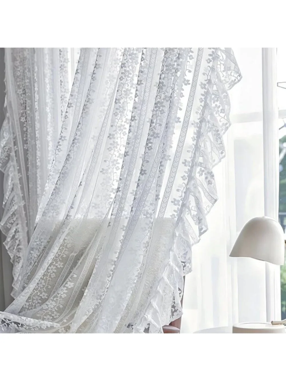 White Lace Curtain with Ruffles - Floral Knitted Design for Girls' Bedroom Decor
